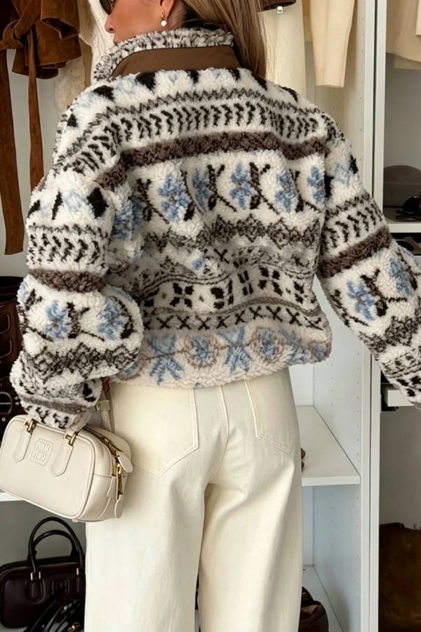 Escape From Winter Printed Teddy Bear Fleece Material Contrast Color Long Sleeve Pocket Zipper Coat
