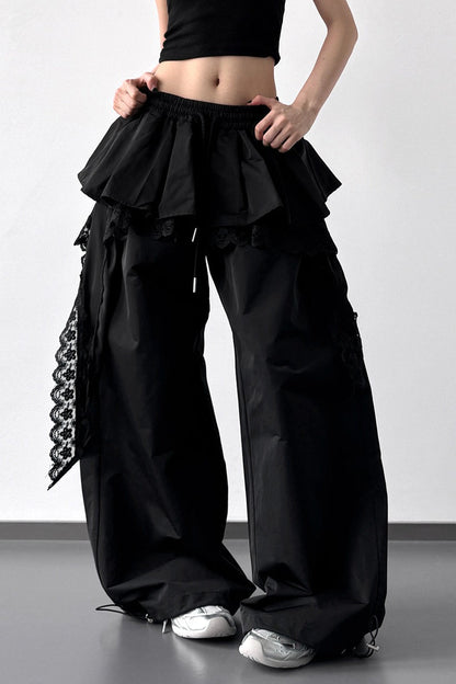 Lace Skirt Hem Trim Wide Leg Casual Pants