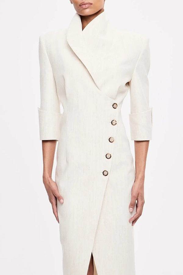 Elegant Look Linen Blend Stand Lapel Neck Half Sleeve Side Button Midi Dress