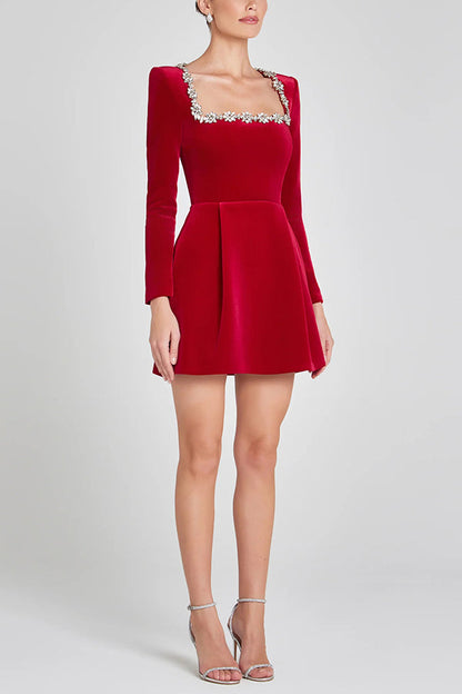 Velvet Square Neck Rhinestone Trim Long Sleeve Pocket A-Line Mini Dress