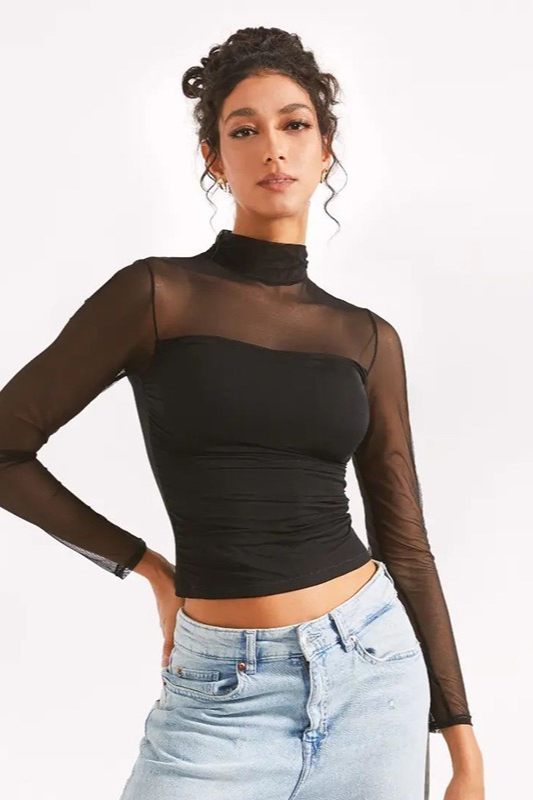 Solid Mock Neck Mesh Paneled Crop Top