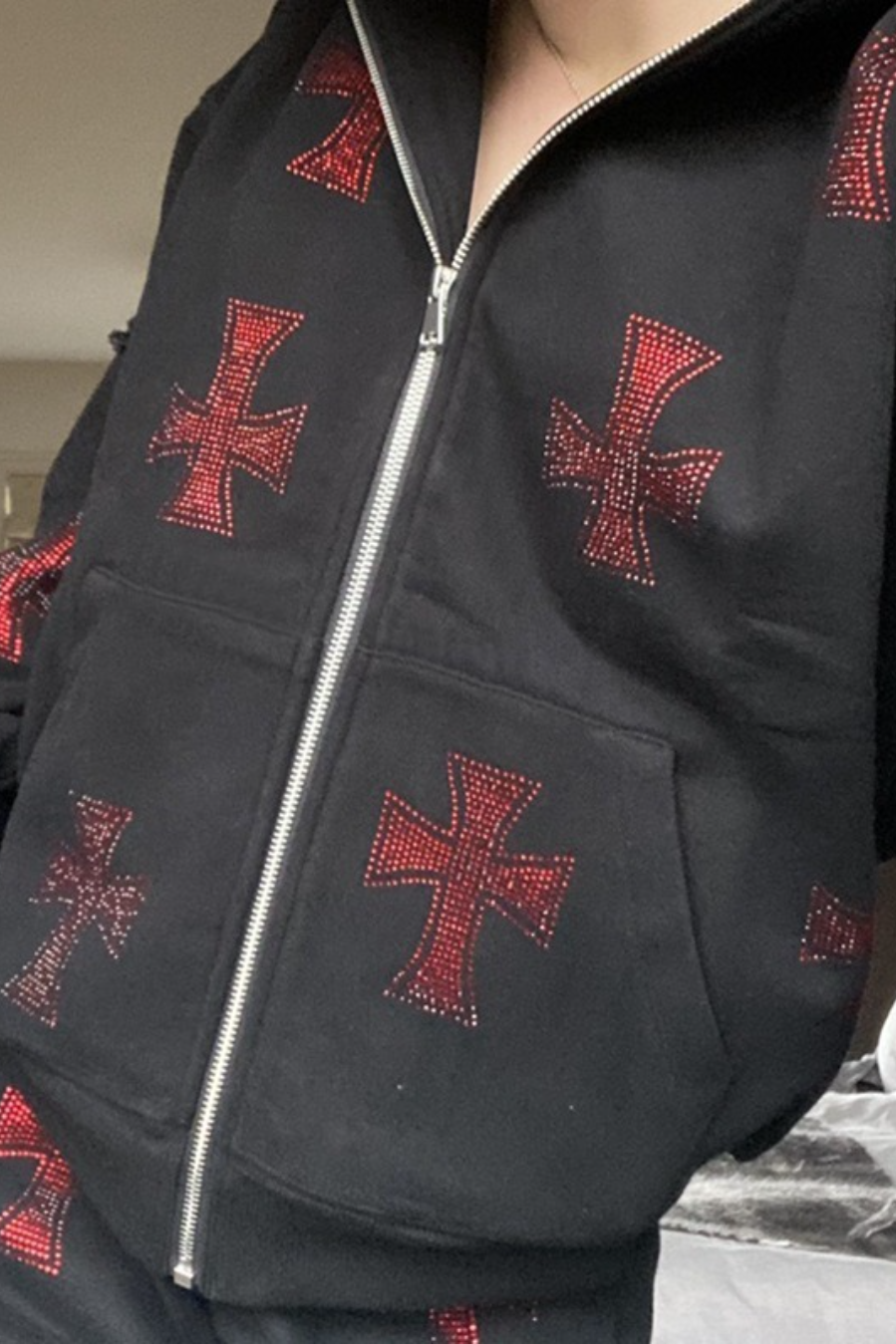 Casual Loose Rhinestone Hooded Zip Hoodie