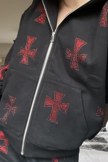 Casual Loose Rhinestone Hooded Zip Hoodie