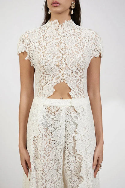 Elegance Avant-garde Floral Lace Short Sleeve High Low Top and High Rise Wide Leg Pants Set