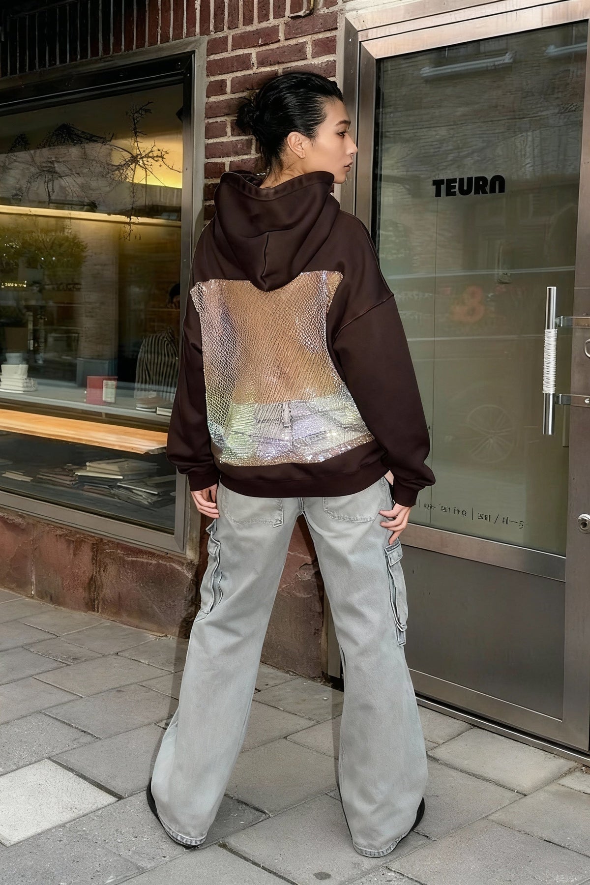 Sheer Mesh Panel Long Sleeve Hoodie