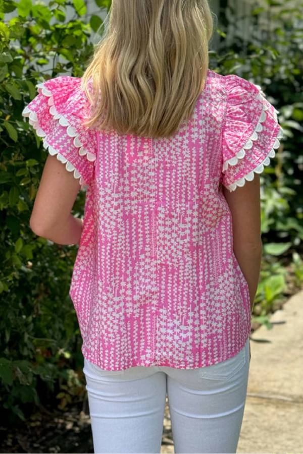 Pink Abstract Print Ric Rac Trim Flutter Sleeve Notch V Neck Blouse