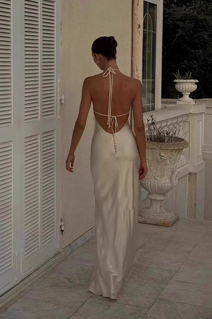 Satin Halter Neck Bias Cut Backless Slip Formal Maxi Dress
