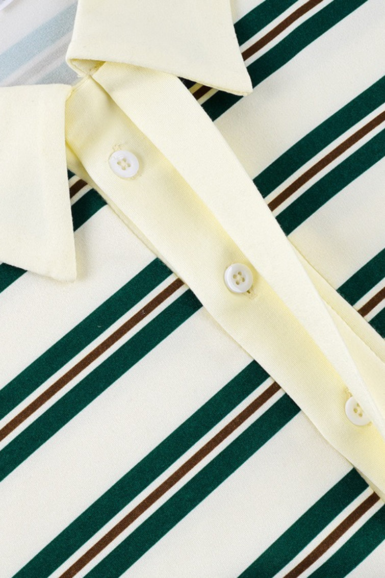 Striped Polo Collar Long Sleeve Tee