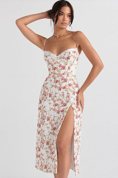 Lace Strap Slit Slim Maxi Floral Dress