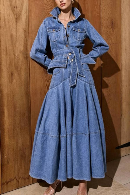 Isabella Denim Structured Cut Metal Buttons Stand High Neck Belted Long Sleeve Jacket