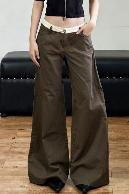 Retro Contrast Waistband Colorblock Wide Leg Jeans