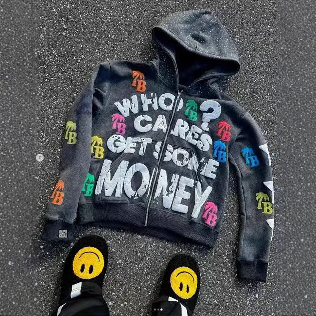 Letter Print Zip Up Hoodie