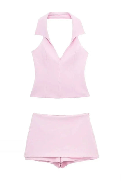 Pink Halter Sleeveless Charming Top And Skort Set