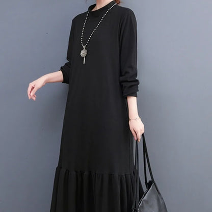 Mock Neck Long Sleeve Oversized Ruffle Hem Knit Maxi Dress