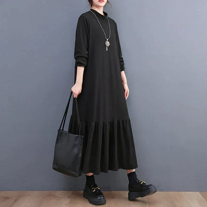 Mock Neck Long Sleeve Oversized Ruffle Hem Knit Maxi Dress