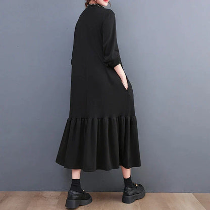 Mock Neck Long Sleeve Oversized Ruffle Hem Knit Maxi Dress