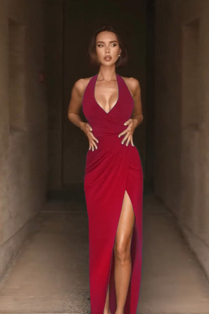 Halter Neck V-Slit Evening Wrap Dress