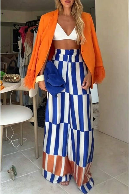 Chic Day Button Up Feather Trim Long Sleeve Pocketed Lapel Blazer