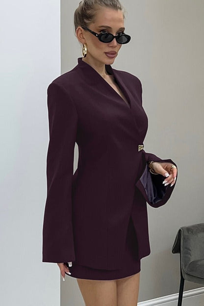 V Neck Long Sleeve Fitted Two Piece Blazer Skirt Set
