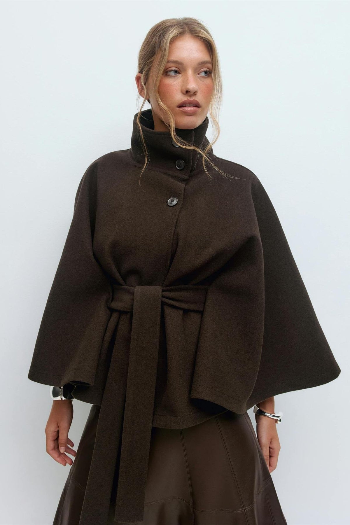 High Neck Button Detail Batwing Sleeve Coat