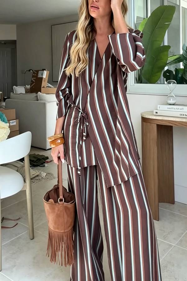 Terez Striped Long Sleeve Wrap Tie-up Jacket and Elastic Waist Pocket Wide Leg Pants Set