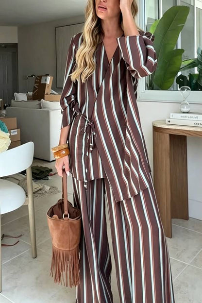 Terez Striped Long Sleeve Wrap Tie-up Jacket and Elastic Waist Pocket Wide Leg Pants Set