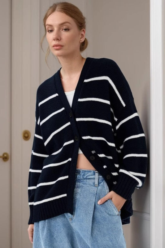 Striped V Neck Cotton Cardigan Sweater