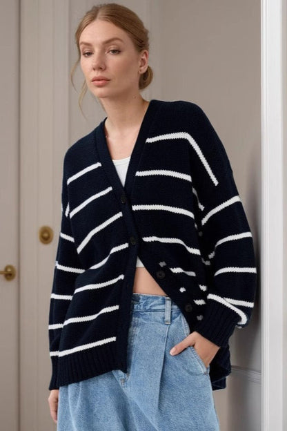 Striped V Neck Cotton Cardigan Sweater