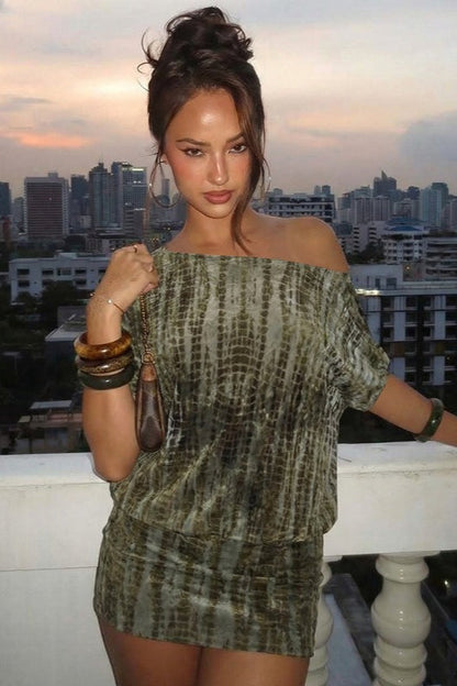 Green Croc Print One Shoulder Backless Mini Dress