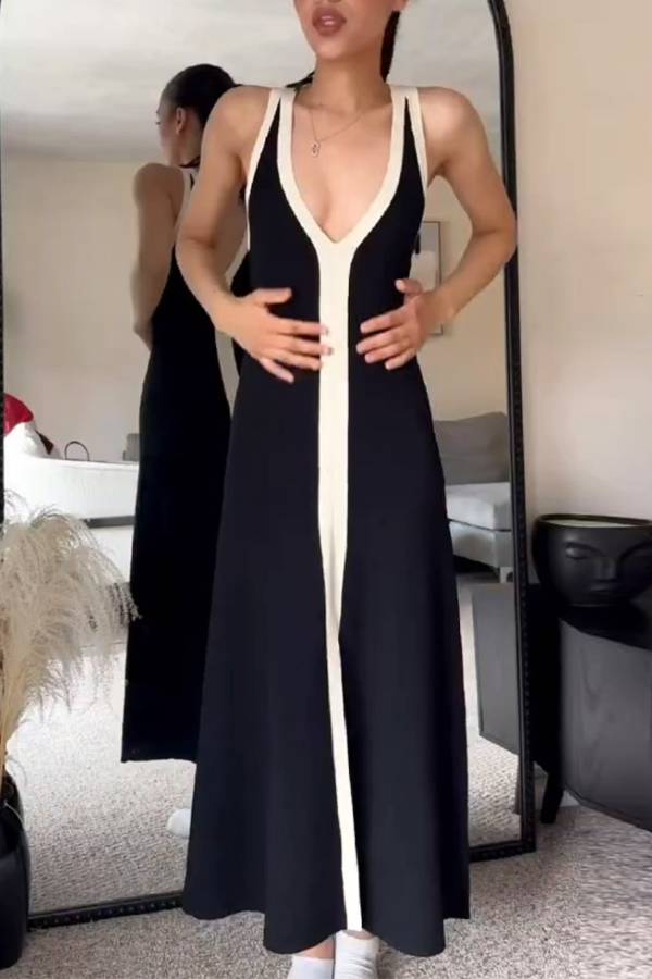 Color-Blocked Deep V-Neck Strappy Maxi Dress