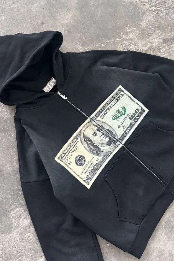 Retro Banknote Graphic Zip Front Hoodie