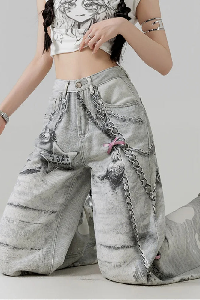 Metal Love Chain Straight Leg Jeans