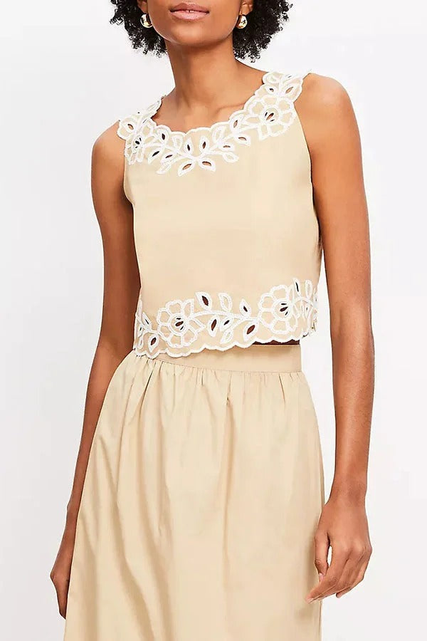 Vacation Season Floral Eyelet Poplin Tank and High Rise Elastic Waist Midi Skirt