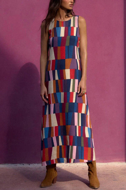 Retro Chic Linen Blend Colorful Color Block High Round Neck Sleeveless Maxi Dress