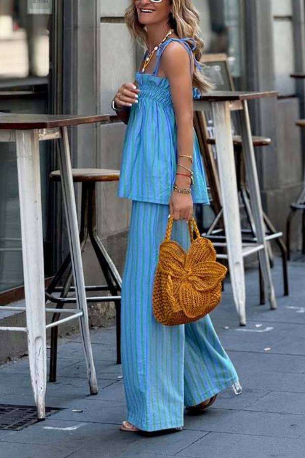Ruffled Smocked Striped Camisole Casual Trousers Set