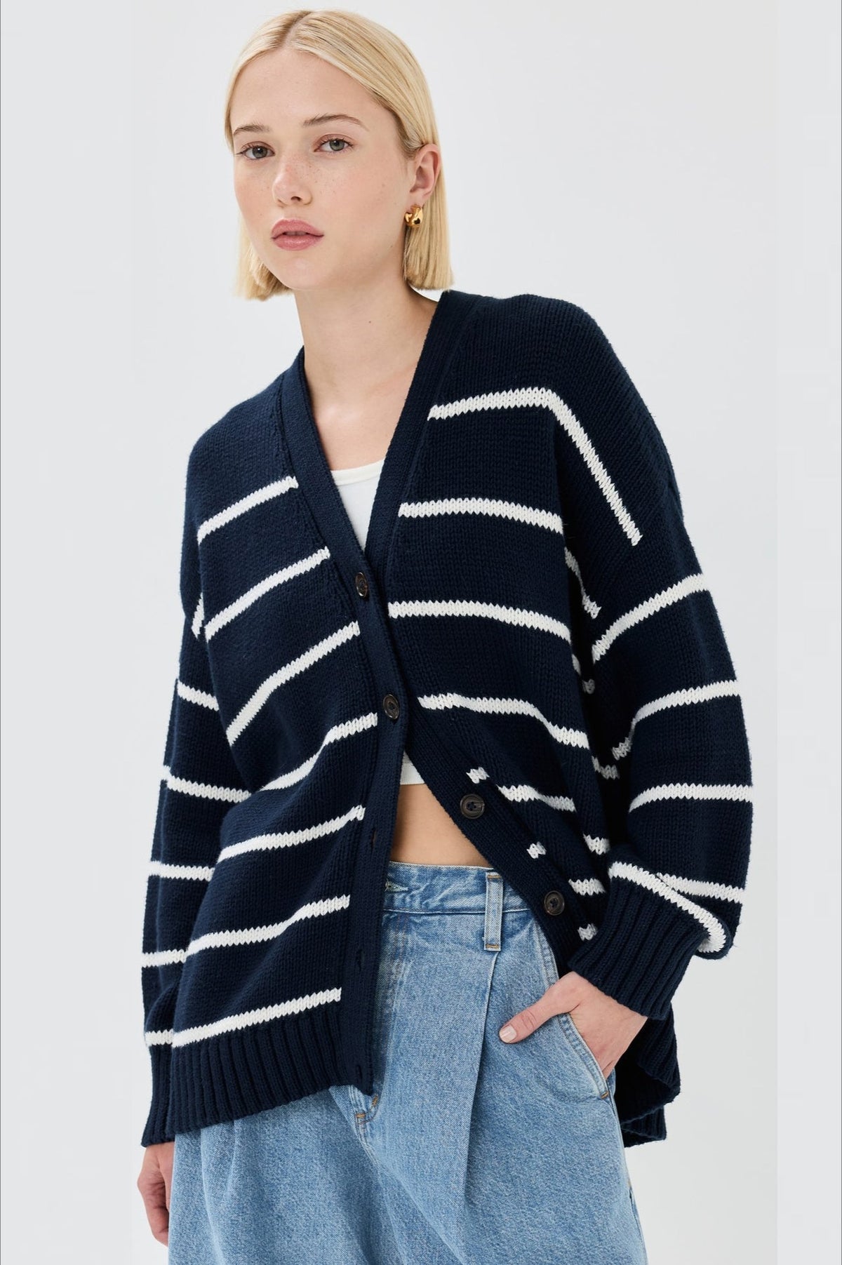 V-Neck Striped Cotton Sweater