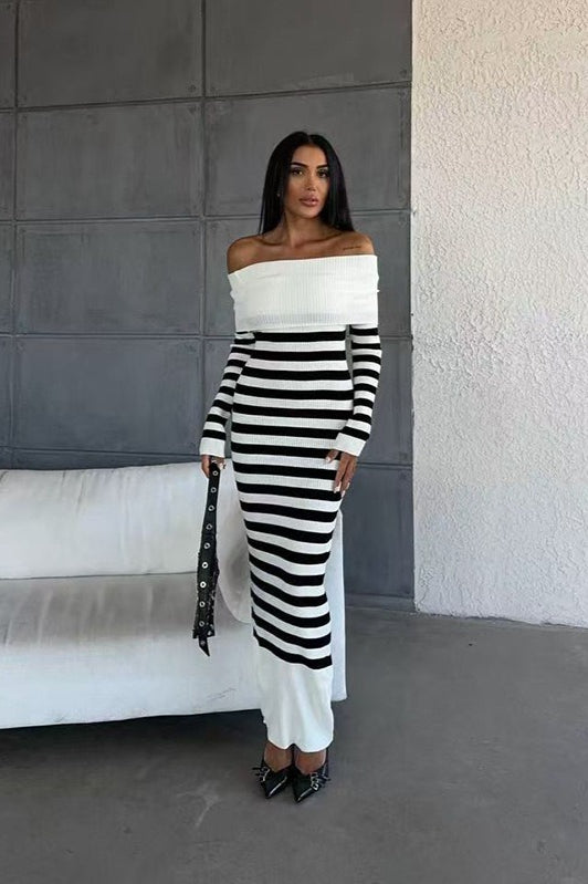 Striped Off Shoulder Sweater Dress