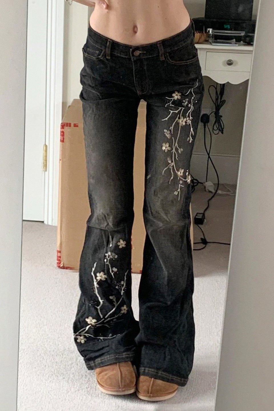 Floral Embroidered Low Rise Flare Jeans