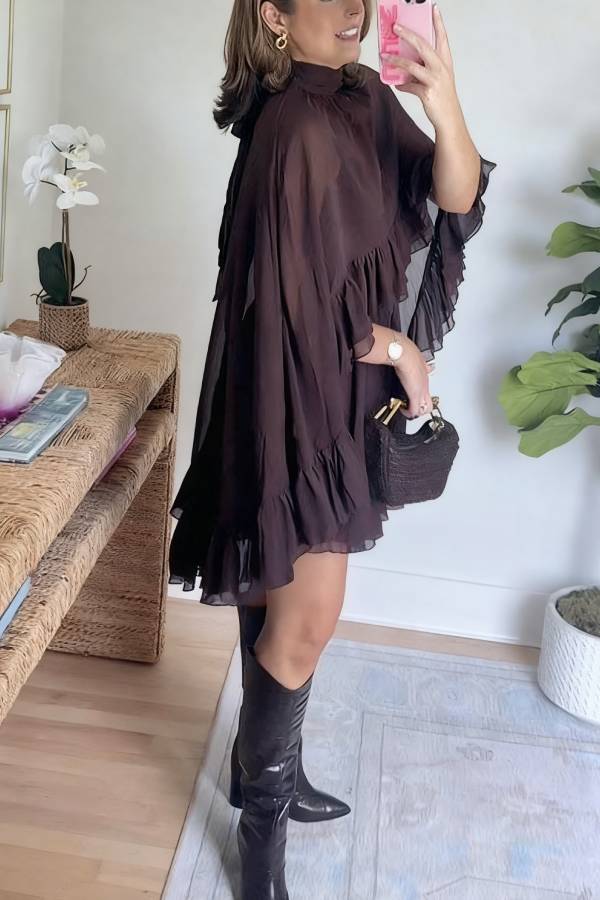 High Neck Sheer Ruffle Trim Cape Mini Dress