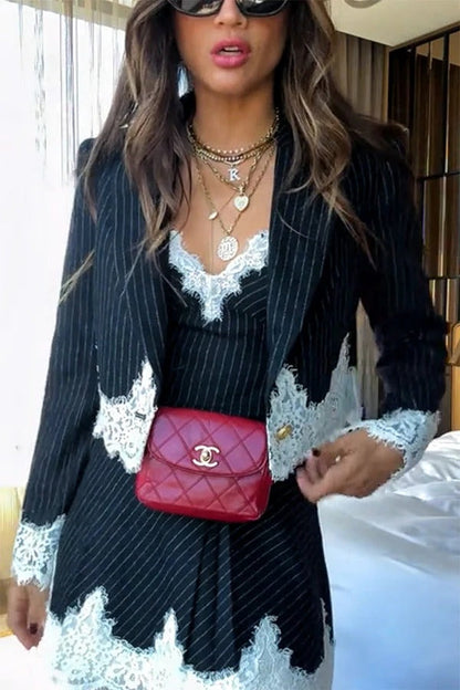 Pinstripe Lace Trim Blazer & Slip Mini Skirt 2 Piece Retro Office Set