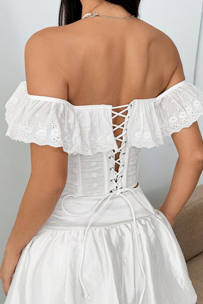 Off Shoulder Ruffle Buttoned Cinched Crop Top