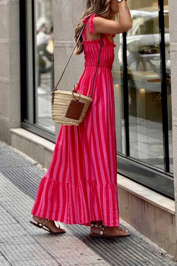 Dopamine Pink Stripe Tie Strap Smocked Maxi Vacation Dress