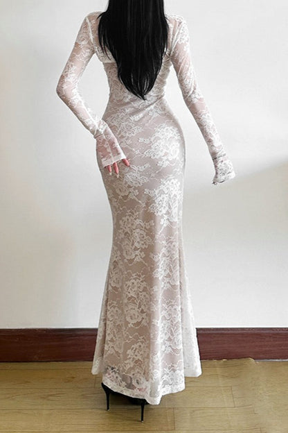 Floral Lace Square Neck Long Sleeve Ruched Mermaid Maxi Dress