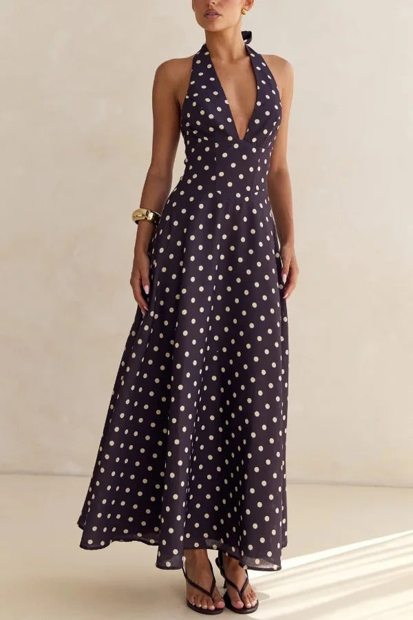 Floral Print V-neck Backless Tie-up Fitted Waist Elegant Maxi Dress