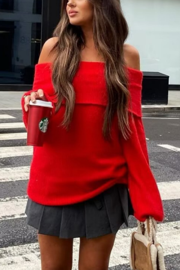 Sexy Slim Fit Solid Color Pullover Sweater with Off-shoulder Neckline