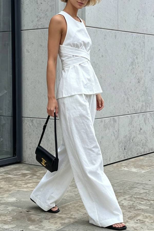 Cross-Band Sleeveless Waist Top & Wide Leg Pants Set