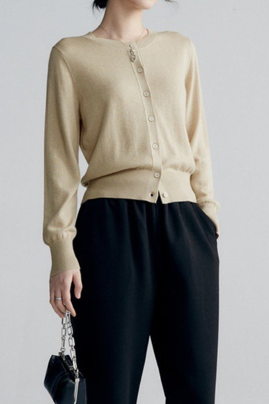 Solid Color Round Neck Knit Cardigan