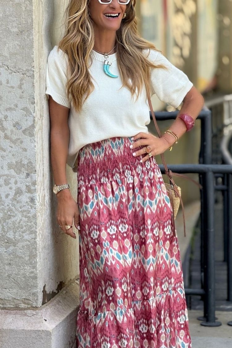 Resort Style Unique Print Pleated Elastic Waist Maxi Skirt