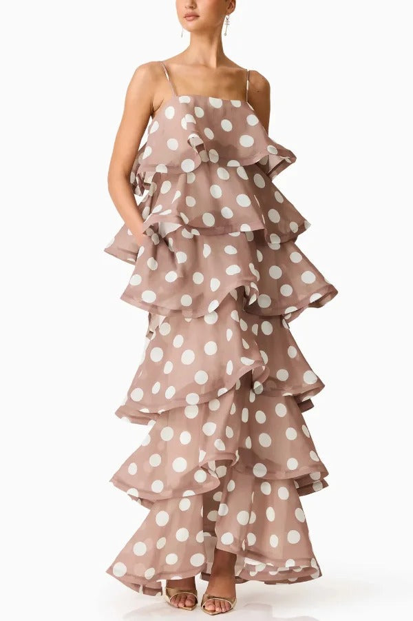 Polka Dot Print Layered Square Neck Suspender Casual A-line Maxi Dress
