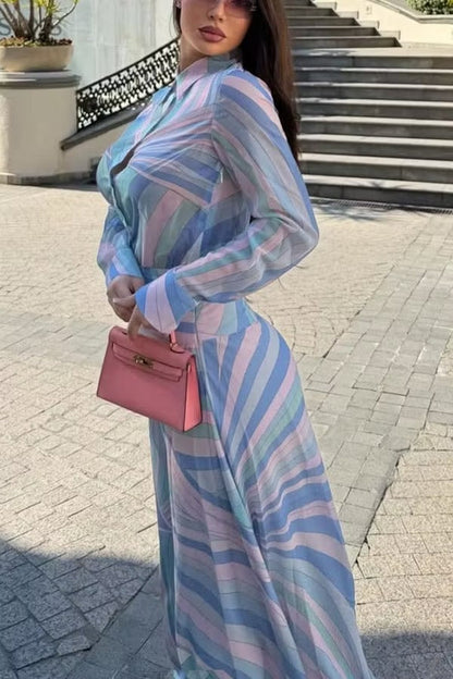 Gianna Chiffon Unique Print Button Long Sleeve Flare Hem Shirt Maxi Dress